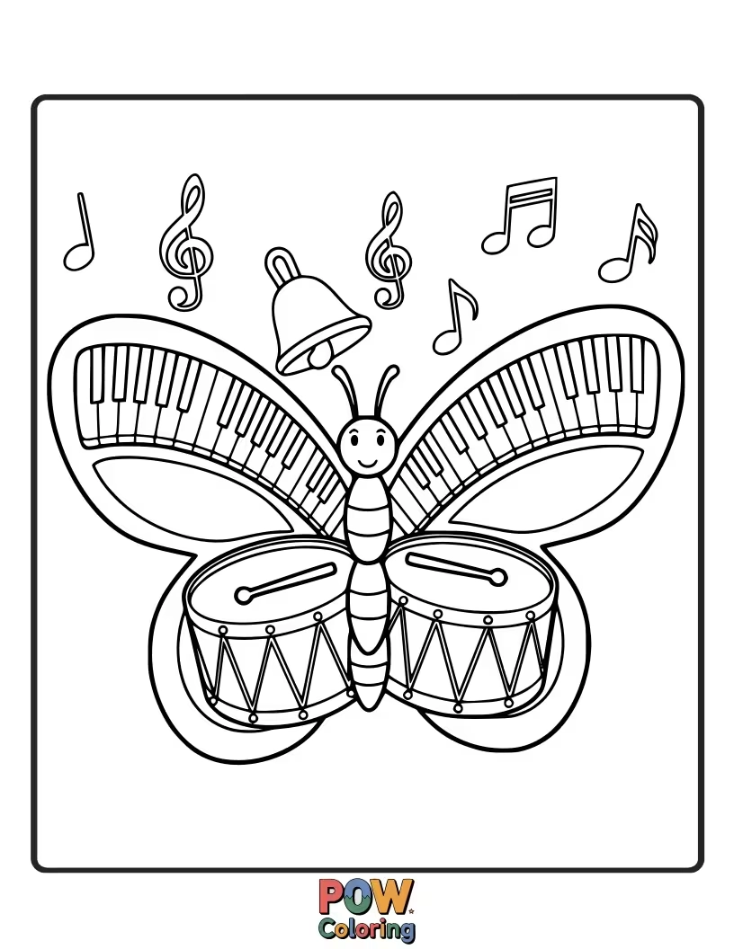 Free coloring page of A butterfly with piano key wings, playing a delightful melody for its audience of enchanted flowers. So harmonious!