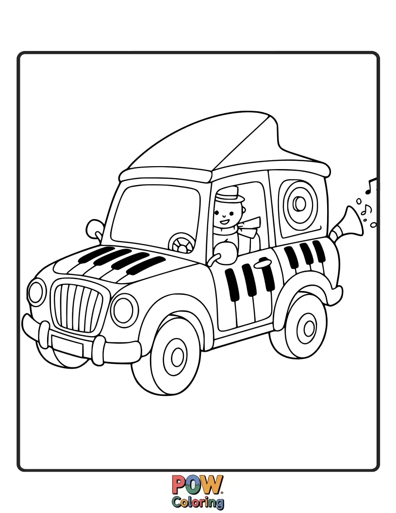 Free coloring page of A race car infused with musical notes and instruments, hitting all the right speeds.