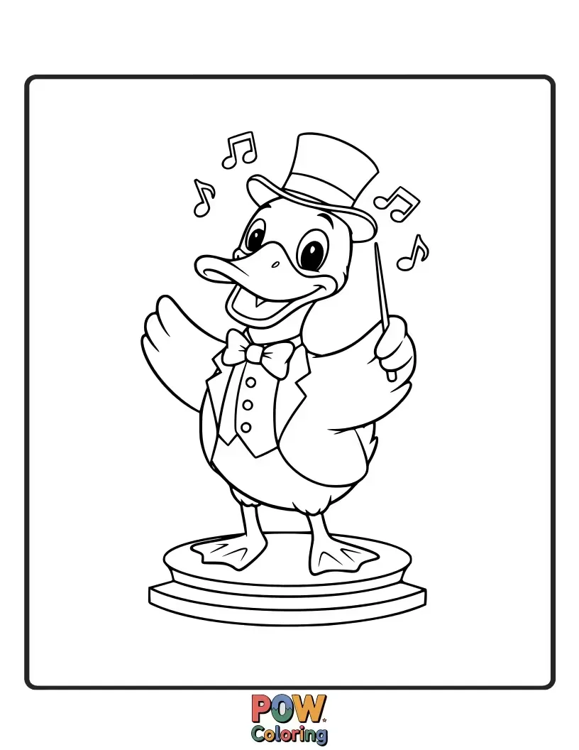 Free coloring page of This talented duck is conducting an orchestra of other animals with a baton.
