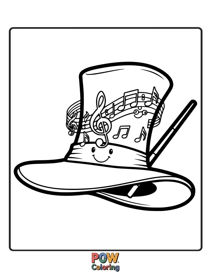 Free coloring page of An elegant top hat embellished with musical notes and a charming conductor's baton. A symphony of color!