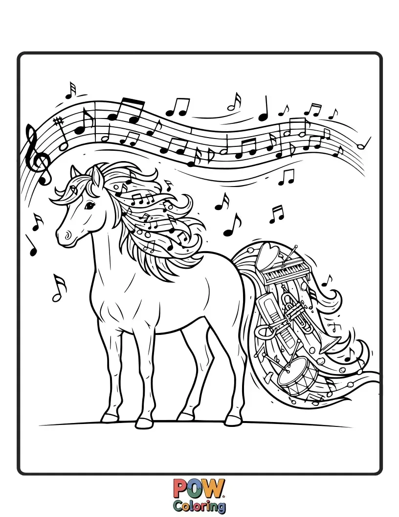 Free coloring page of A horse whose flowing mane is made of musical notes and instruments, creating a vibrant symphony.