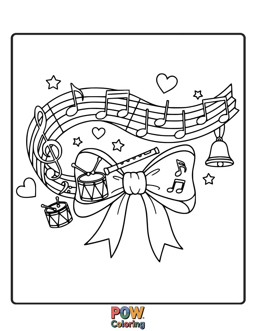 Free coloring page of A vibrant bow made of musical notes, cheerful treble clefs, and happy instruments for a harmonious design.