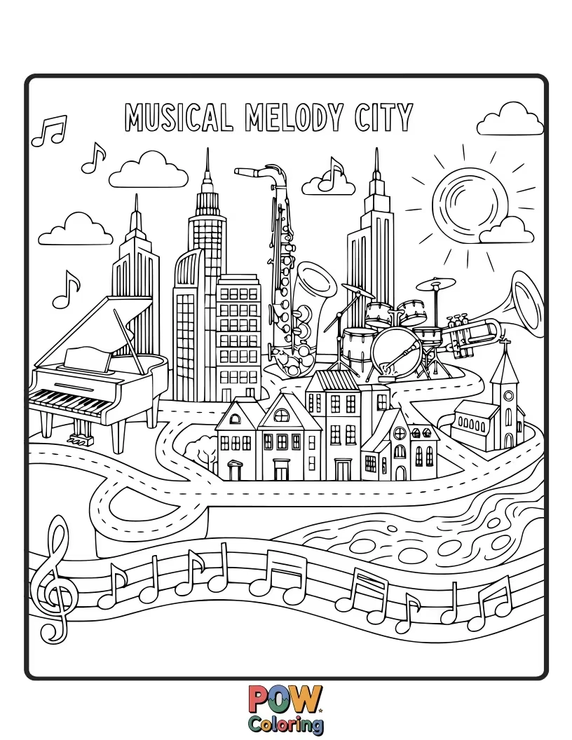 Free coloring page of A city where buildings resemble musical instruments, with streets depicted as flowing musical notes.