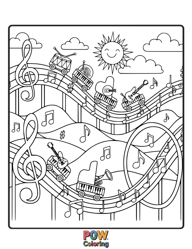 Free coloring page of This creative roller coaster follows the rhythm of musical notes, with instruments as part of the track.