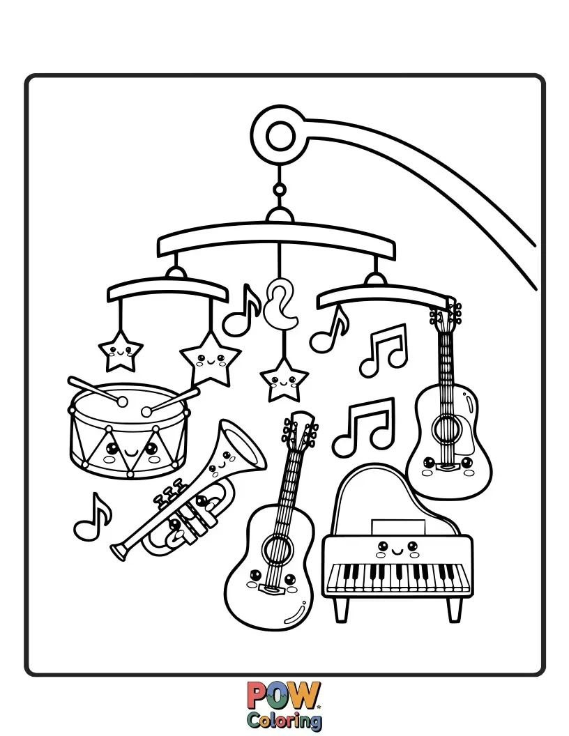 Free coloring page of A car with musical notes flowing from its exhaust and piano keys on its body, ready to jam.