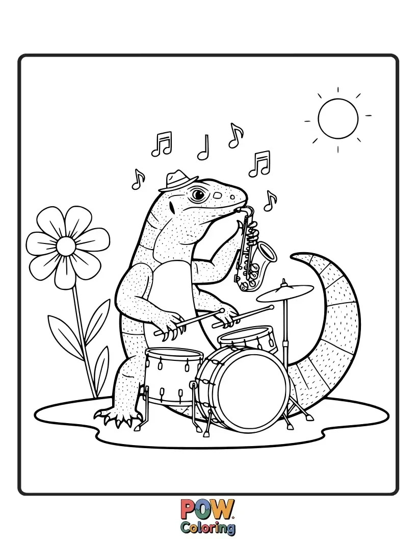Free coloring page of A large monitor lizard playing a grand piano with its claws, creating beautiful melodies.