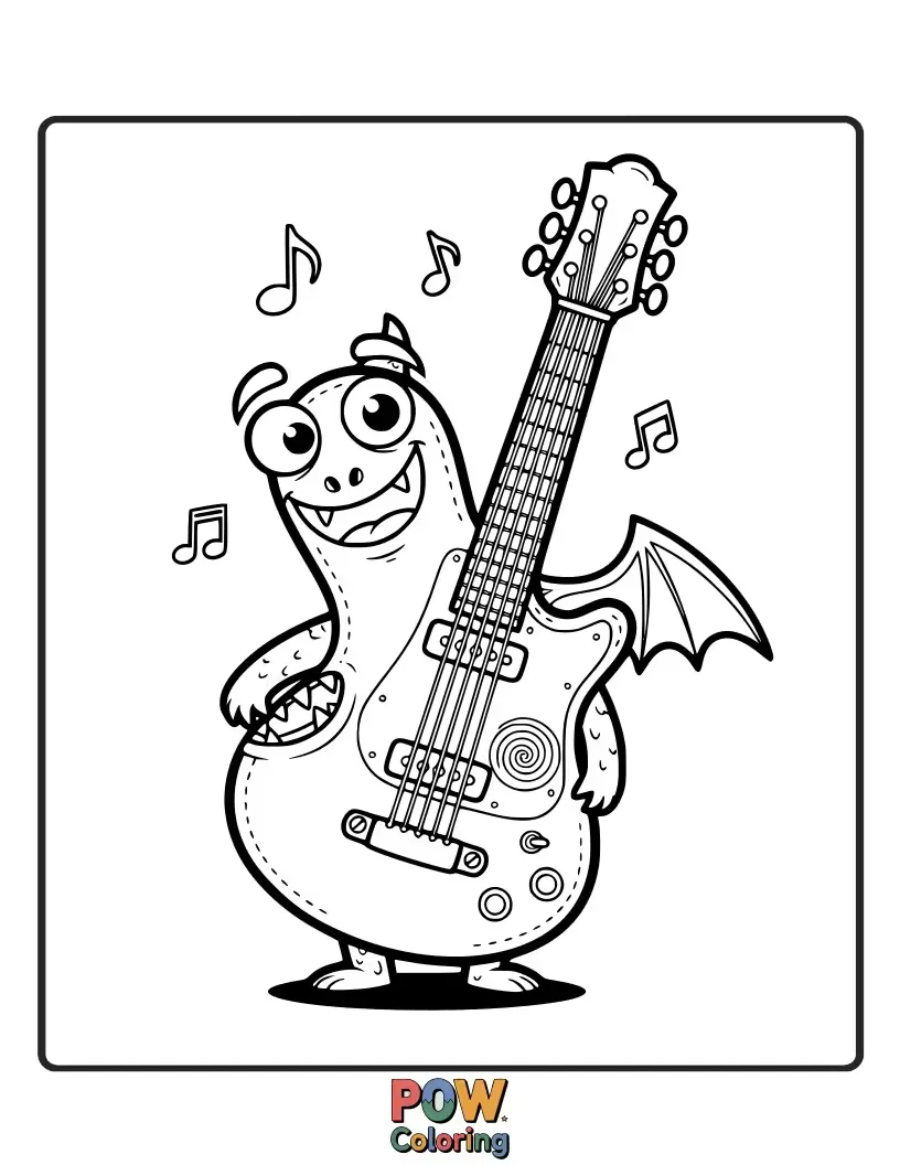 Free coloring page of A friendly, fuzzy monster happily strumming a surprisingly sweet-sounding guitar.