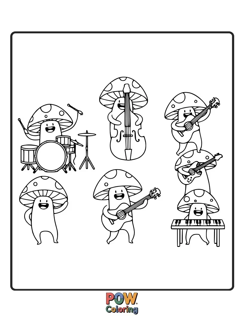 Free coloring page of A lively group of mushrooms playing instruments, creating a cheerful symphony of woodland music and vibrant colors.