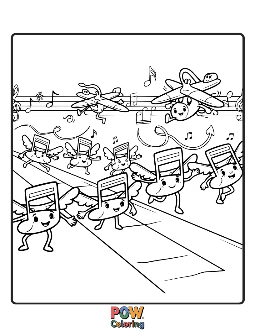 Free coloring page of An airplane that's actually a giant musical note, dancing and twirling through the air with joyful rhythm.
