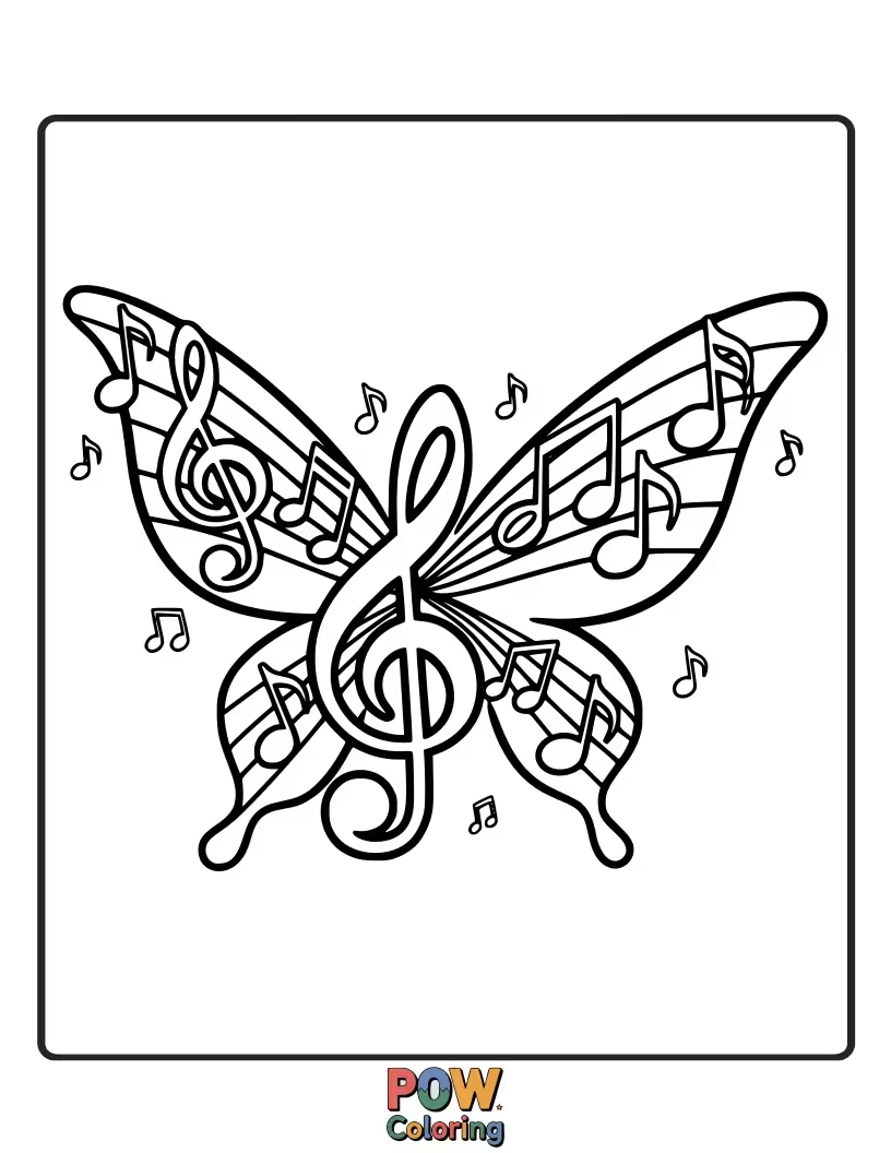 Free coloring page of A cheerful butterfly with wings shaped like musical notes, floating and spreading a happy tune through the air.