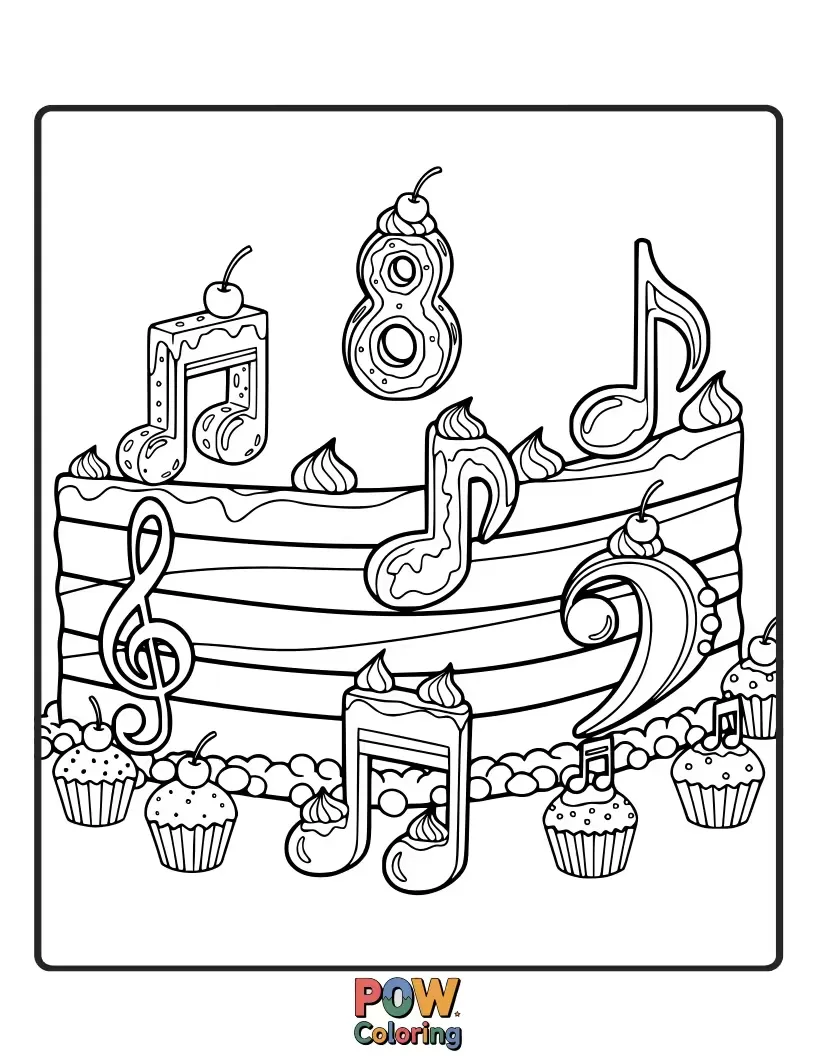 Free coloring page of Cakes shaped like musical notes and instruments, ideal for budding musicians and melody lovers.