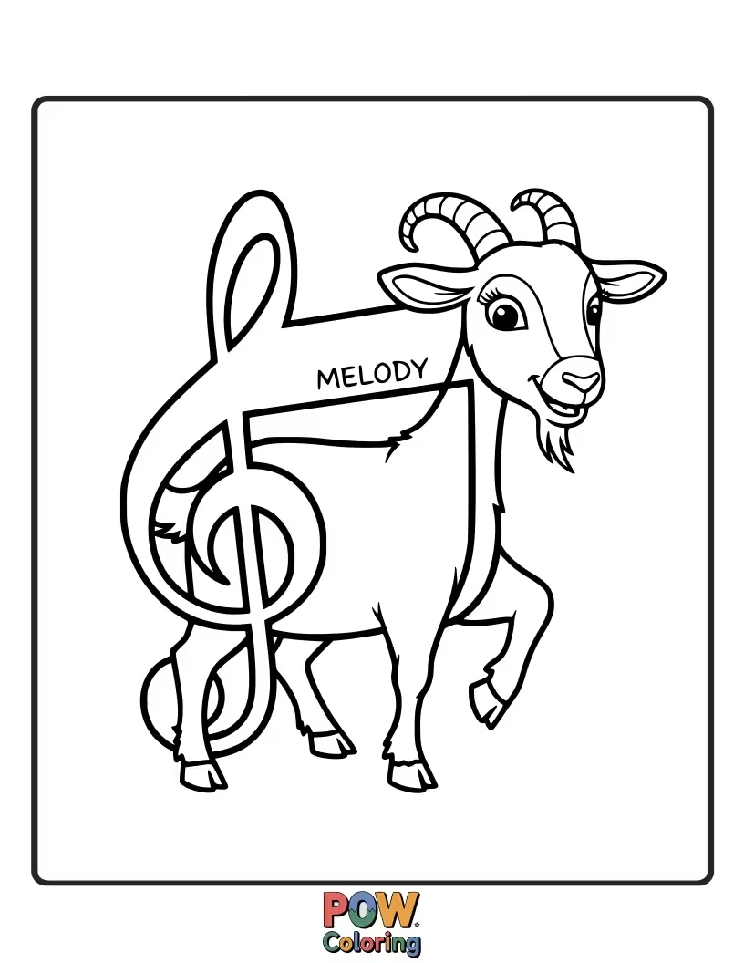Free coloring page of A cheerful goat surrounded by floating musical notes, seemingly humming a sweet tune with joy.