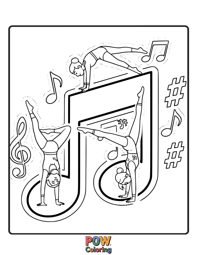 Free coloring page of Musical notes playfully forming shapes and doing flips, representing the rhythm and flow of a beautiful gymnastics routine.