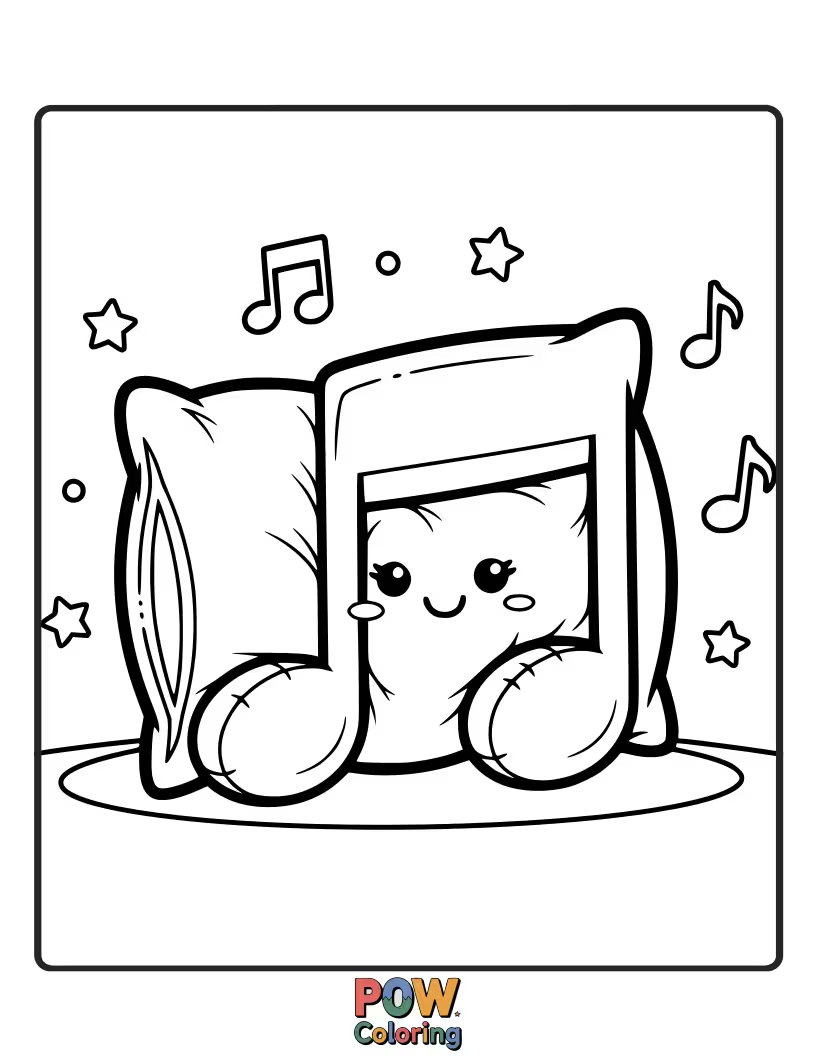 Free coloring page of A pillow shaped like a cheerful musical note, ready to fill your page with melody. Color its vibrant tune.