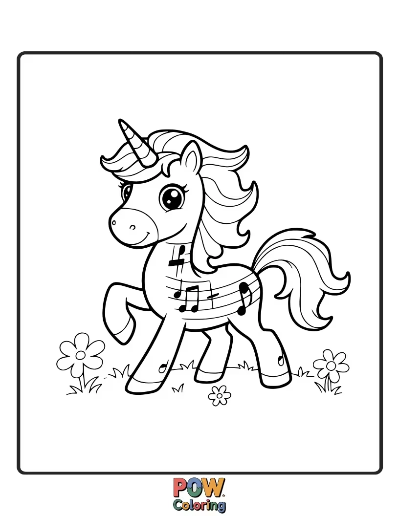 Free coloring page of Joyful unicorn dancing with musical notes swirling around its horn.
