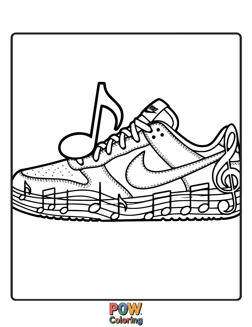 Free coloring page of This Nike shoe is alive with music, featuring dancing musical notes and swirling melodies all around.