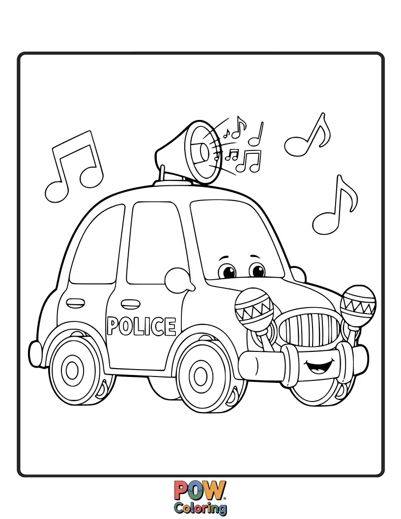 Free coloring page of Musical police car, with musical notes for sirens, creates a symphony of safety wherever it goes.
