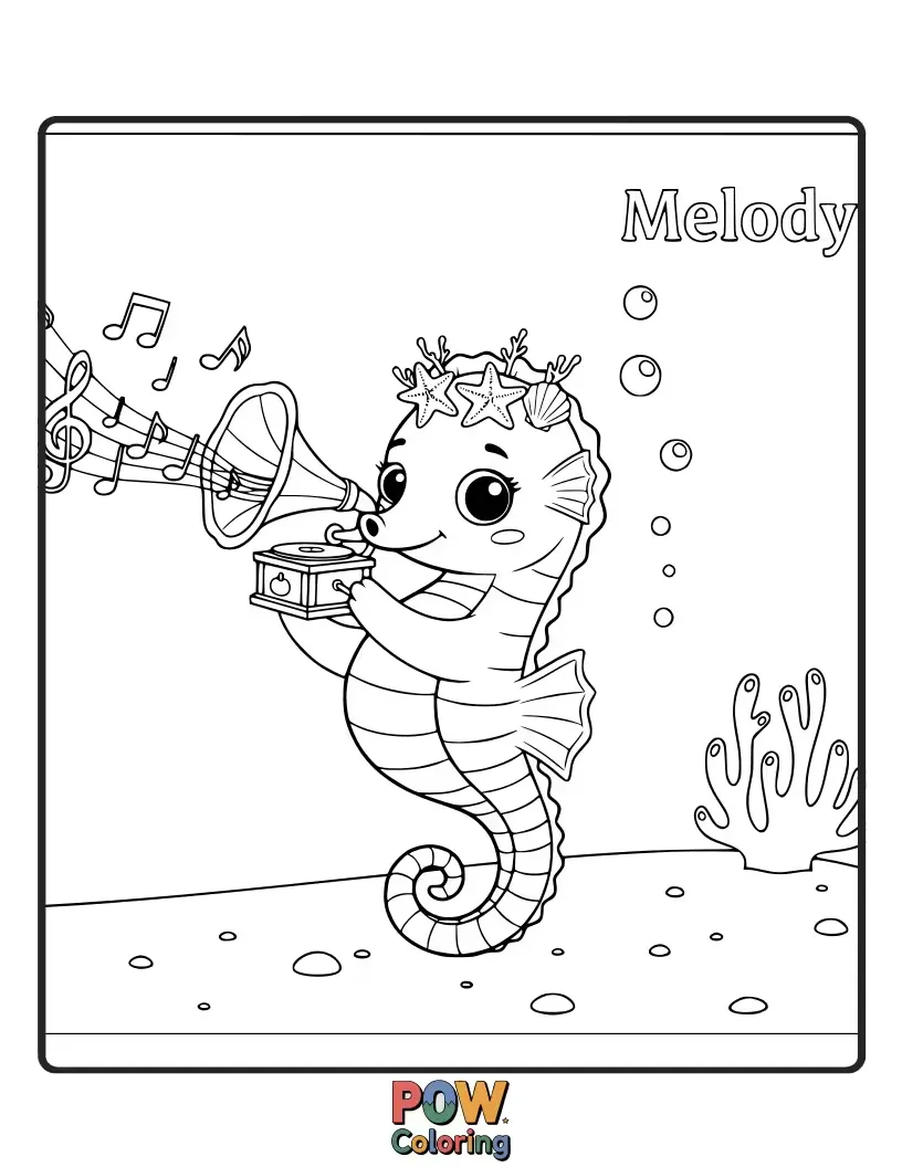 Free coloring page of A sea horse with musical notes swirling around it, as if composing a beautiful underwater symphony.