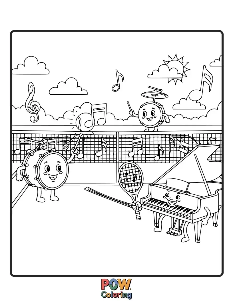 Free coloring page of A lively tennis match where musical notes float around the court, and players are dancing as they play.