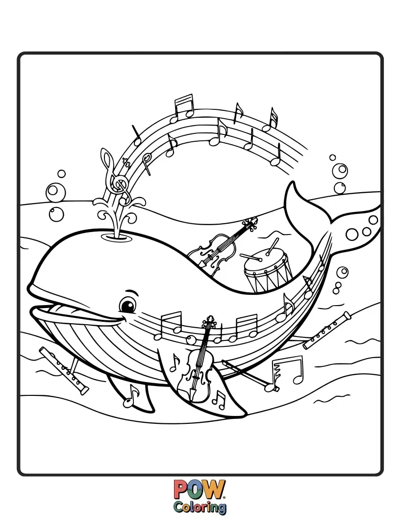 Free coloring page of A whale playing a whimsical underwater piano, with musical notes dancing around its head as it creates a melody.