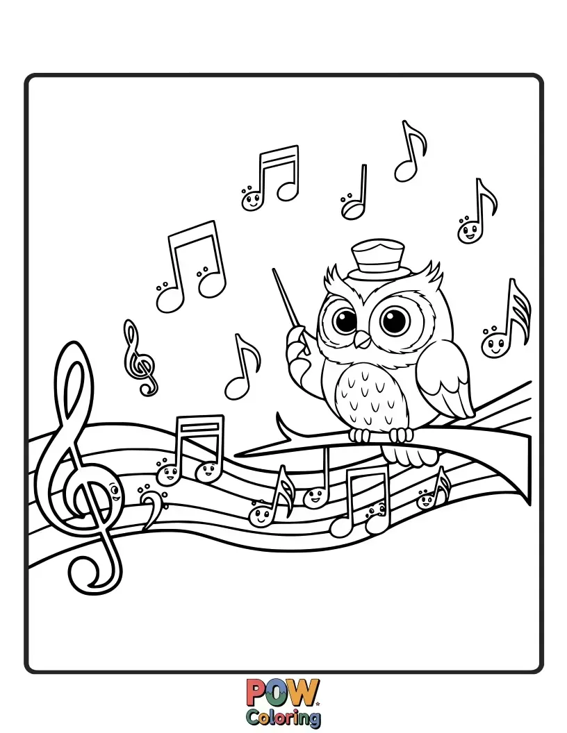 Free coloring page of An owl holding a conductor's baton, surrounded by musical notes and sheet music.