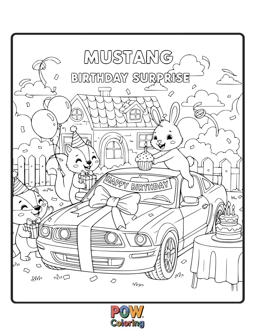 Free coloring page of A festive Mustang car decorated with balloons and confetti, delivering birthday cheer.