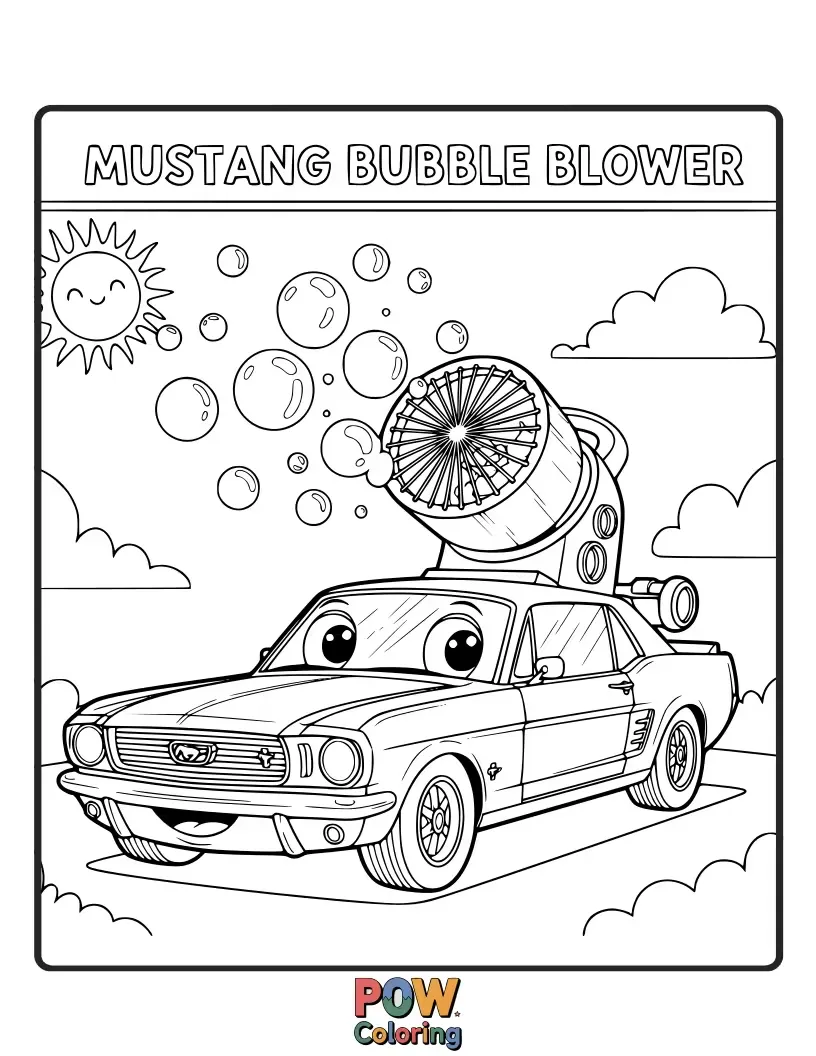 Free coloring page of A playful Mustang car blowing giant, colorful bubbles.