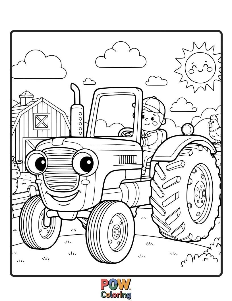 Free coloring page of A rugged Mustang car converted into a farm tractor, plowing fields.