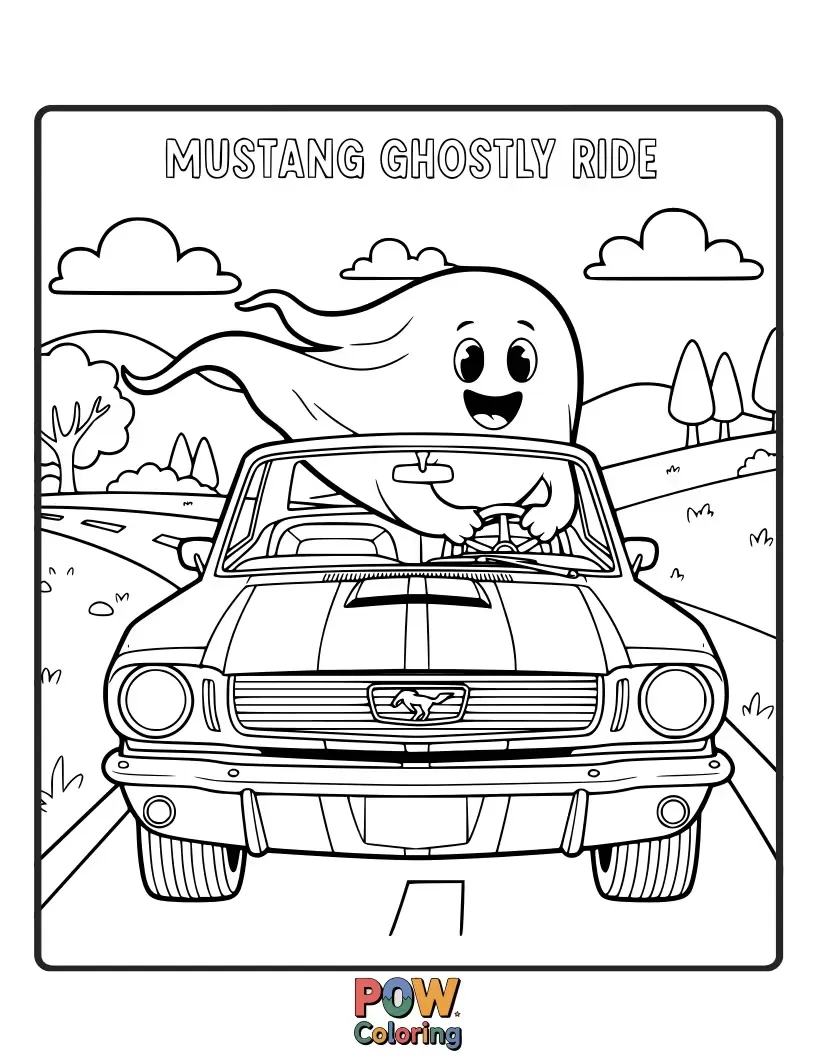 Free coloring page of A spooky but cute Mustang car with a friendly ghost passenger, cruising at night.