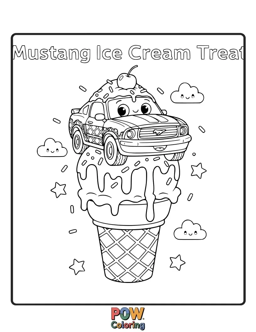 Free coloring page of A cool Mustang car with an ice cream cone on top, cruising on a sunny day.