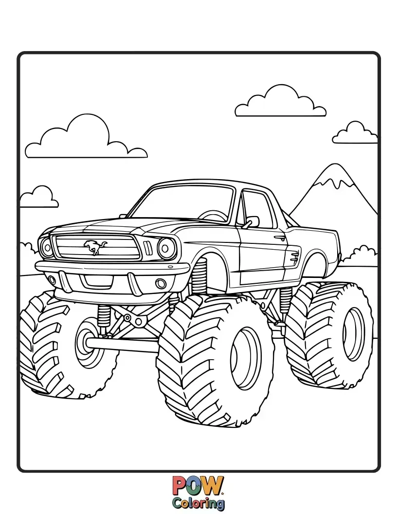 Free coloring page of A super-sized Mustang car with giant wheels, ready to crush obstacles.