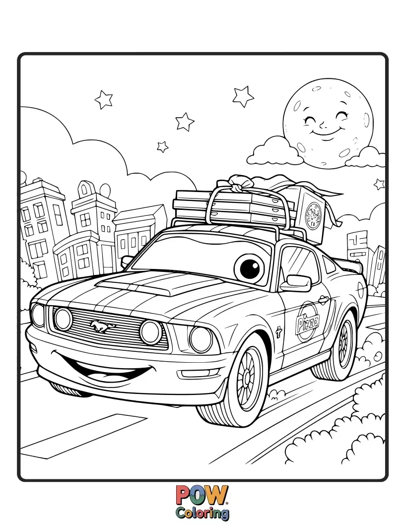 Free coloring page of A speedy Mustang loaded with delicious pizzas, racing to hungry customers.