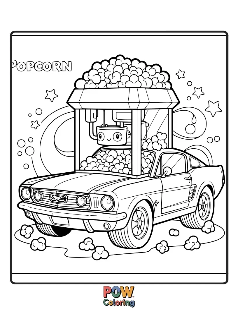 Free coloring page of A Mustang car dispensing delicious popcorn from its trunk.
