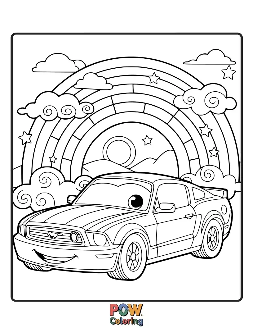 Free coloring page of A vibrant Mustang car leaving a colorful rainbow trail as it speeds along.
