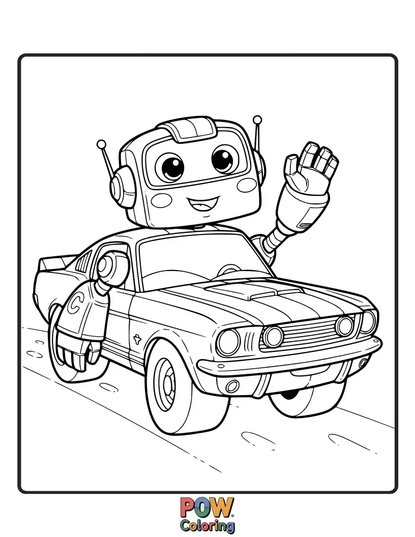 Free coloring page of A friendly Mustang car with robot arms, ready to help with any task.