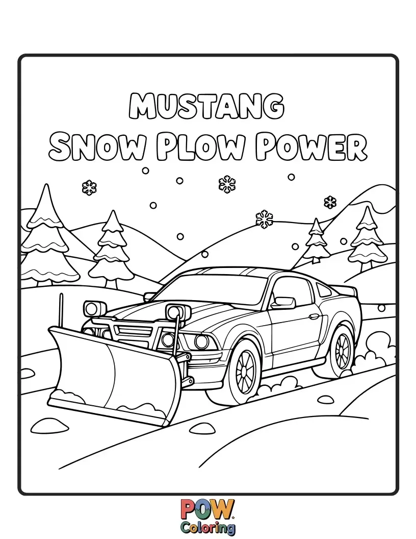 Free coloring page of A determined Mustang car clearing a snowy path with its plow.
