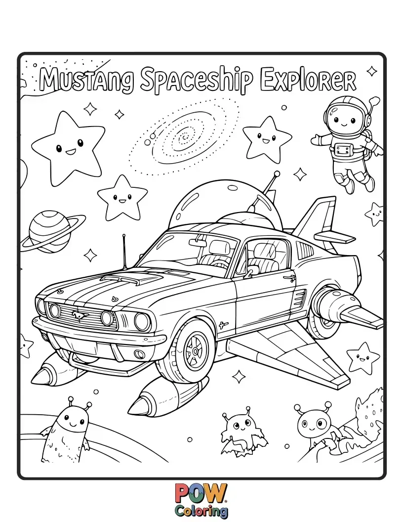 Free coloring page of A futuristic Mustang car blasting off into space, exploring distant planets.