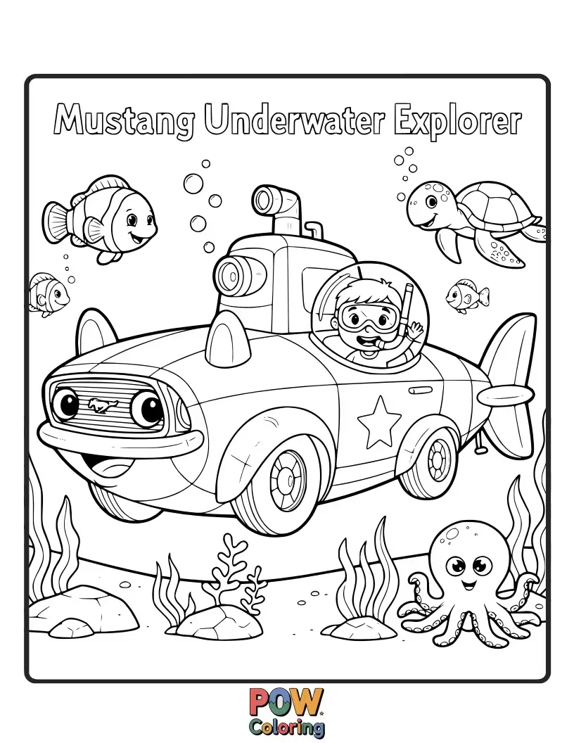 Free coloring page of A submarine-like Mustang car discovering colorful coral reefs and friendly sea creatures.