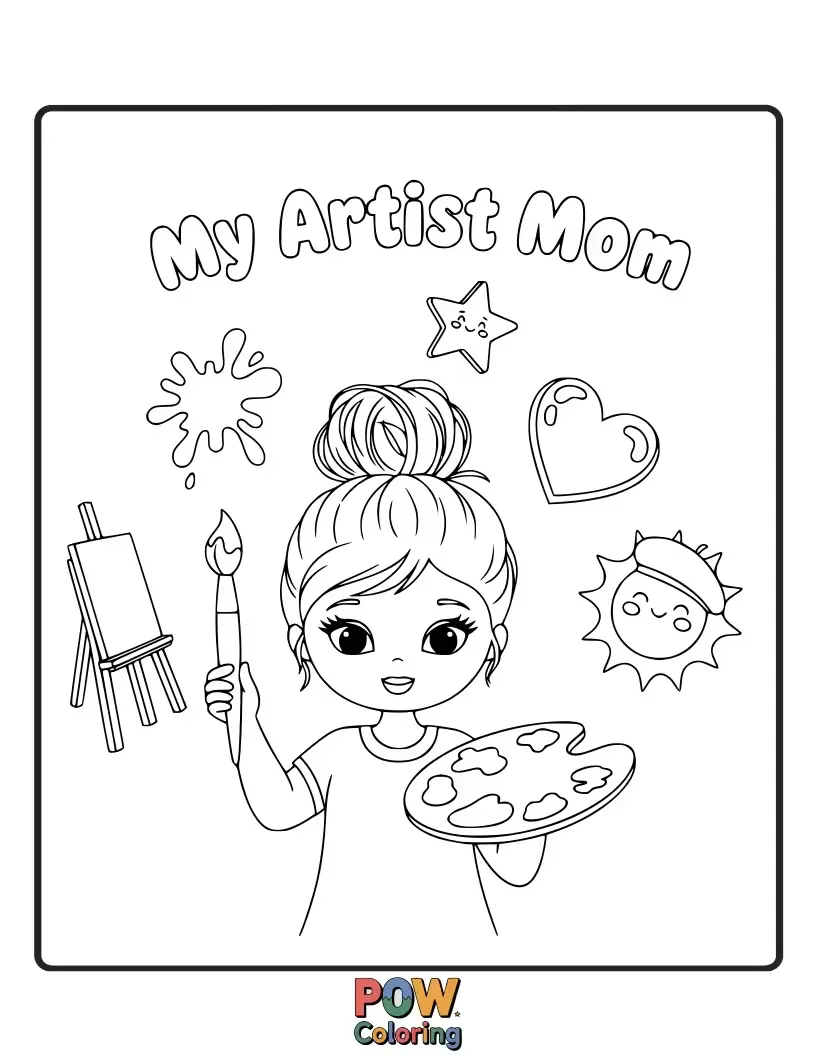 Free coloring page of A mom holding a paintbrush and palette, with a canvas in front of her, creating a masterpiece. Celebrates her creative spirit.