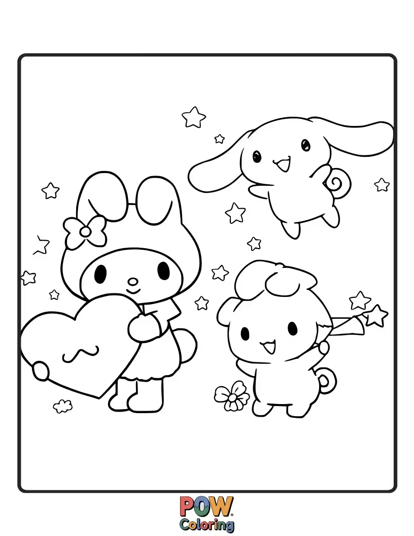 Free coloring page of My Melody sharing a joyous moment with her best friends, creating a scene of friendship and fun.