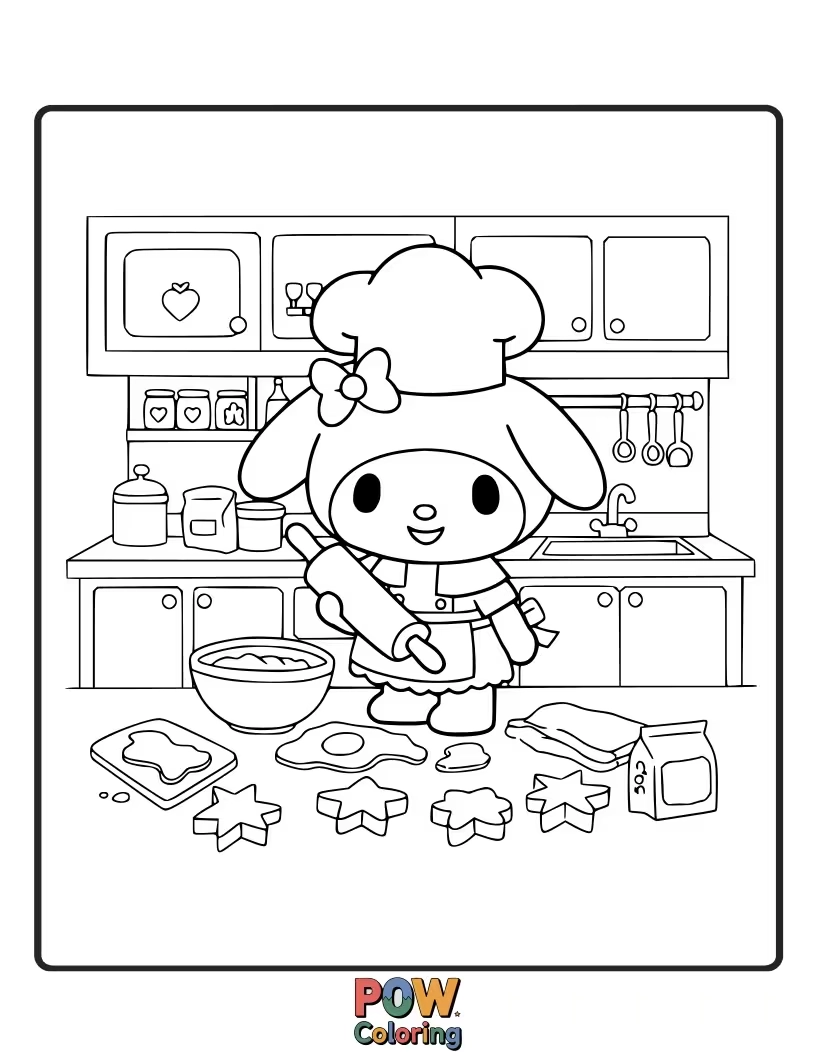 Free coloring page of Color My Melody as she happily bakes delicious treats in her kitchen, complete with a chef's hat and apron.