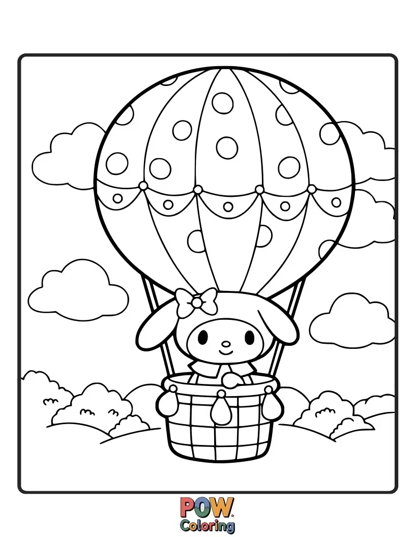 Free coloring page of Soar through the sky with My Melody as she embarks on an exciting adventure in a hot air balloon.