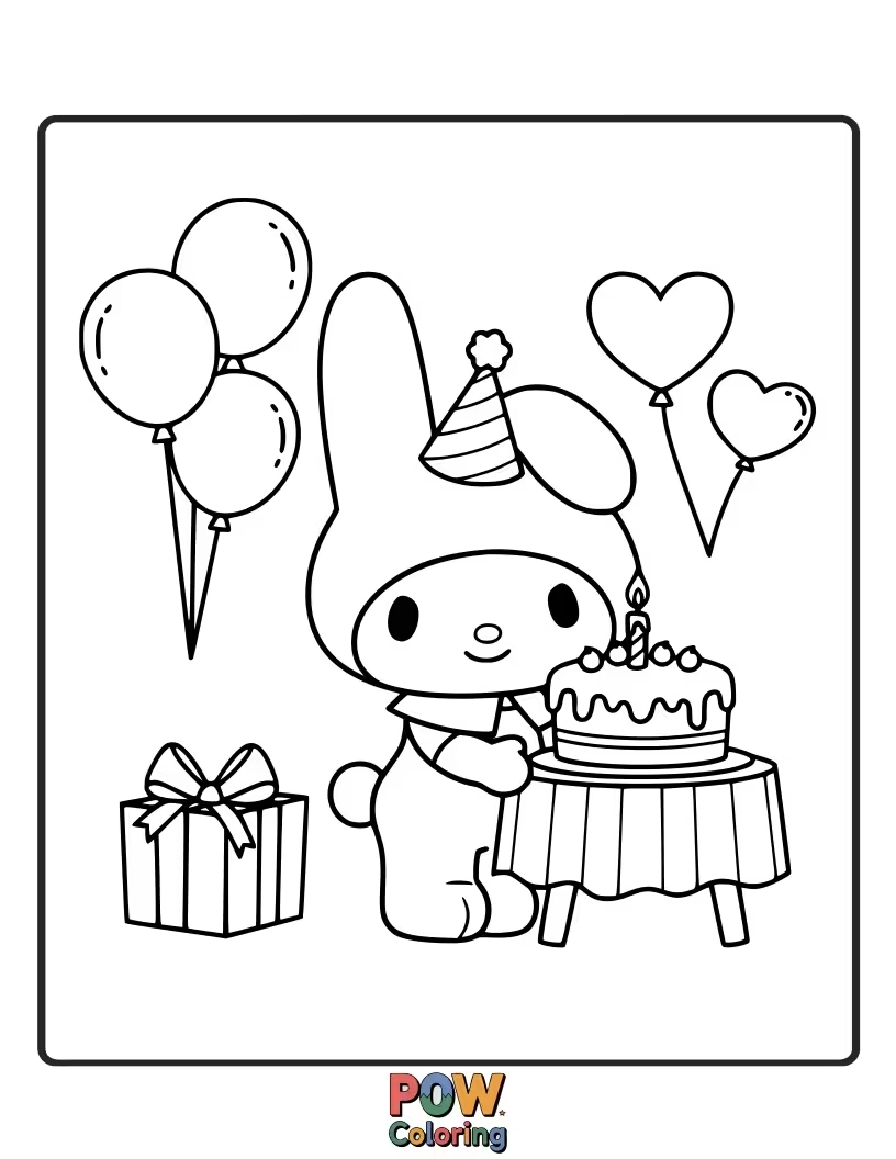Free coloring page of My Melody celebrating her birthday with a cake and presents.