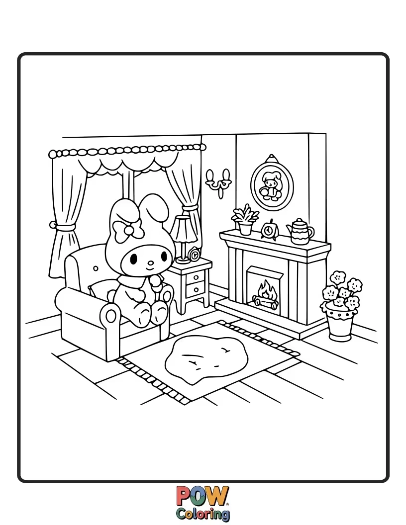 Free coloring page of Create a warm and inviting scene with My Melody relaxing in her comfy favorite spot.