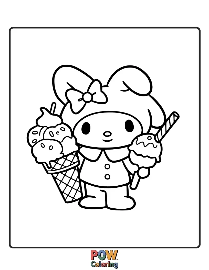 Free coloring page of Cool down with My Melody as she enjoys a delicious and colorful ice cream cone.