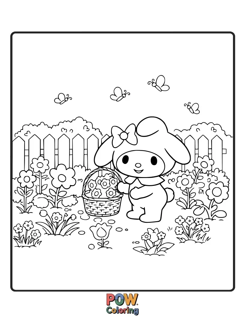 Free coloring page of Help My Melody tend to her beautiful garden, watering plants and admiring the colorful blooms.