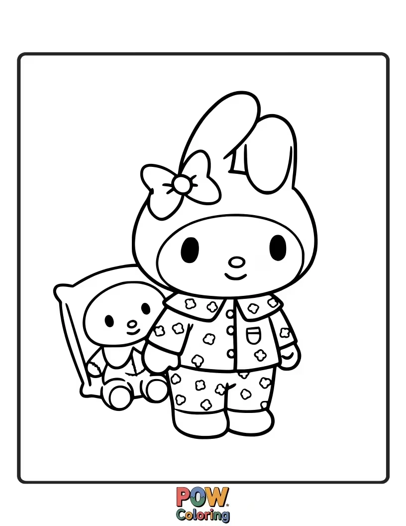 Free coloring page of My Melody dressed in cozy pajamas, ready for bedtime or a lazy morning, featuring soft patterns.