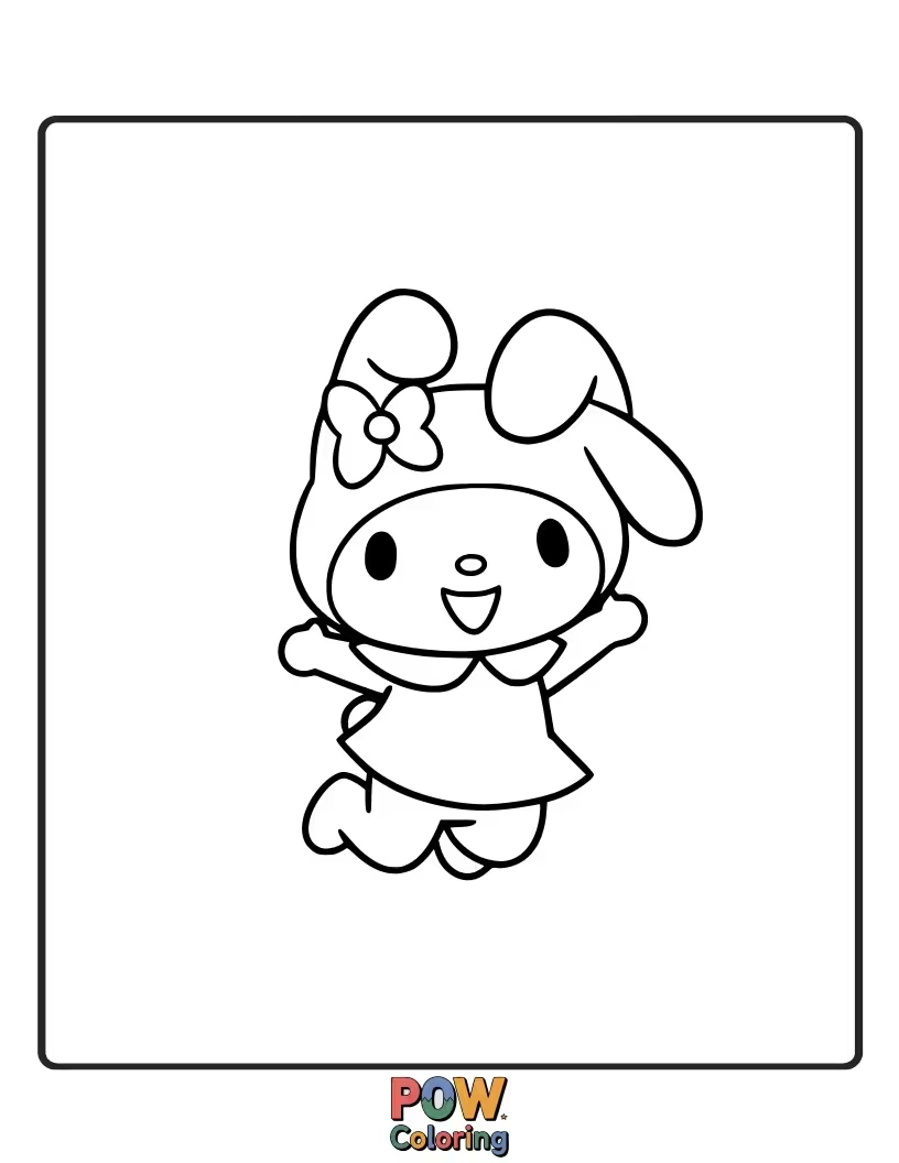 Free coloring page of Bursting with energy, My Melody leaps through the air in a moment of pure, unadulterated joy.