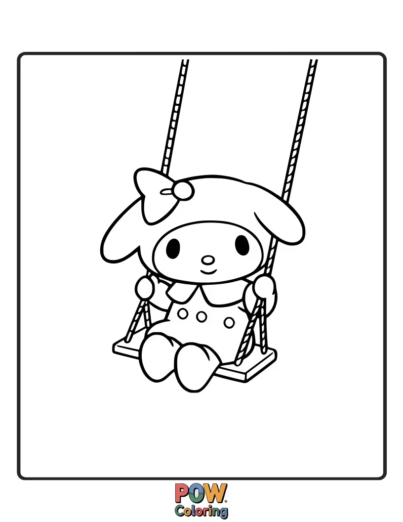 Free coloring page of Feel the breeze as My Melody swings high into the sky, enjoying a playful afternoon.