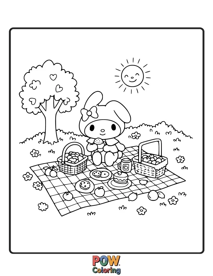 Free coloring page of Enjoy a lovely day outdoors with My Melody as she sets up a delightful picnic spread.